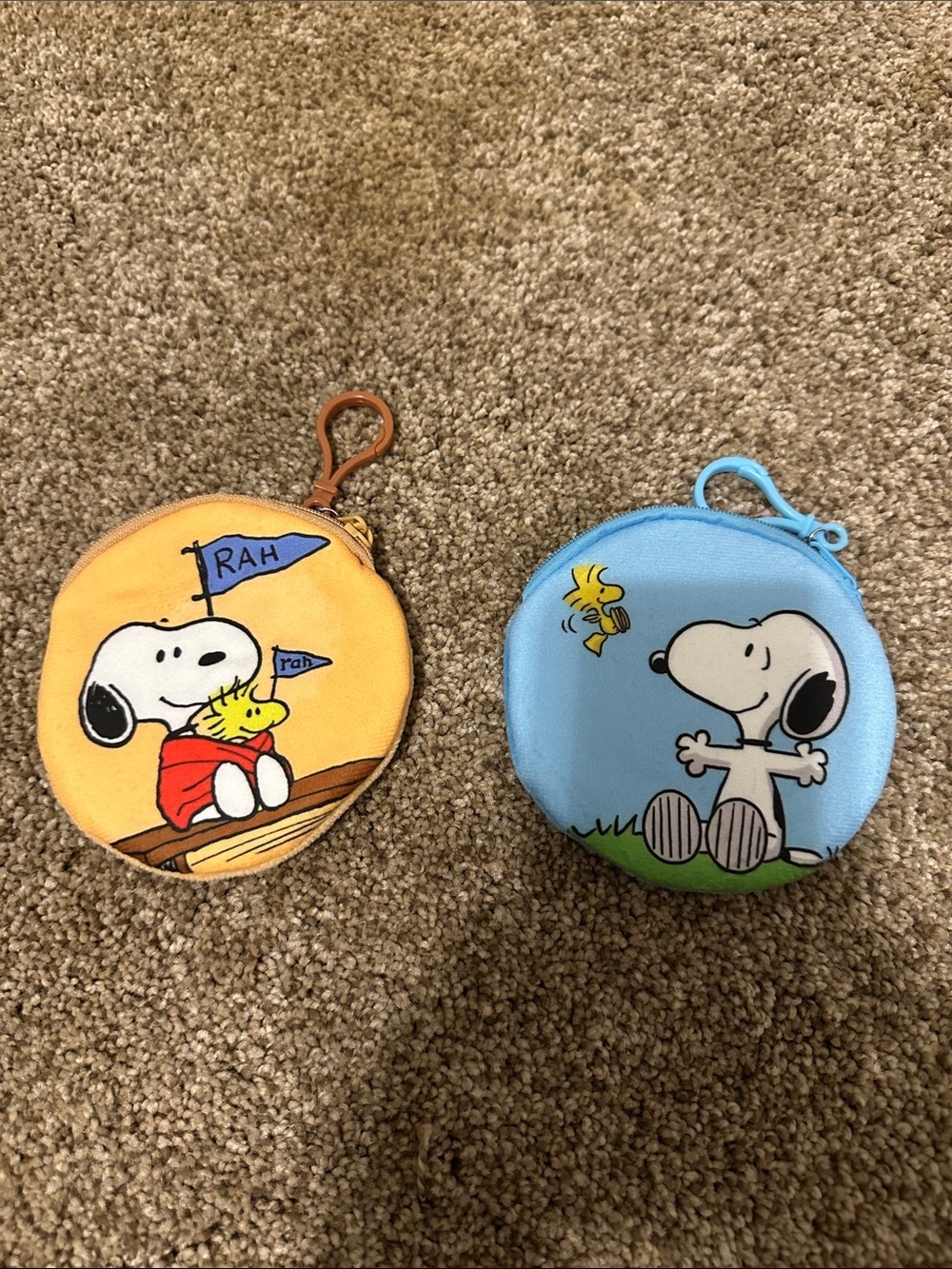 Set of 2 Snoopy & Woodstock Round Coin Pouches - Tan & Light Blue
